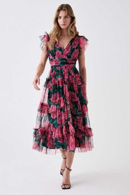 Coast High Neck Tulle Tiered Midi Dress, Hot Pink