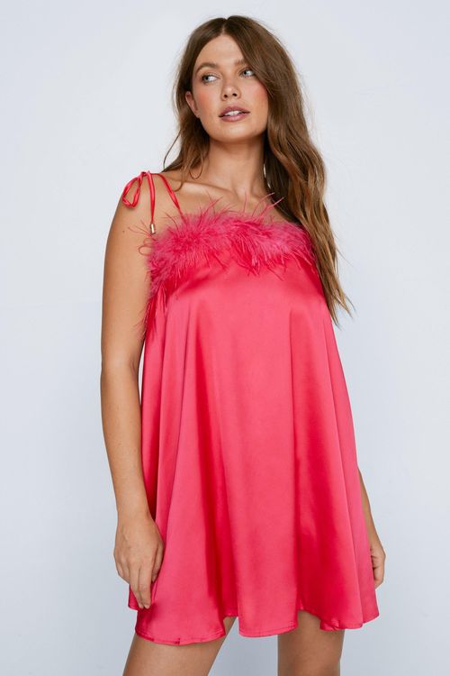 Feather Trim Satin Swing Dress