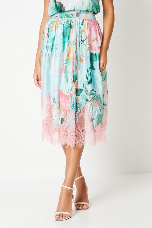 Lace Hem Printed Midi Skirt