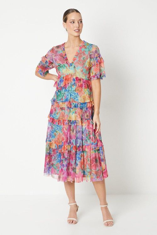 Printed Mesh Ruffle Midi Dress