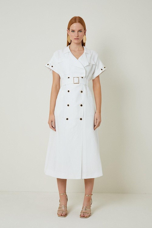 Petite Linen ViscoseFluid Tailored Double Breasted Belt Midi Shirt Dress