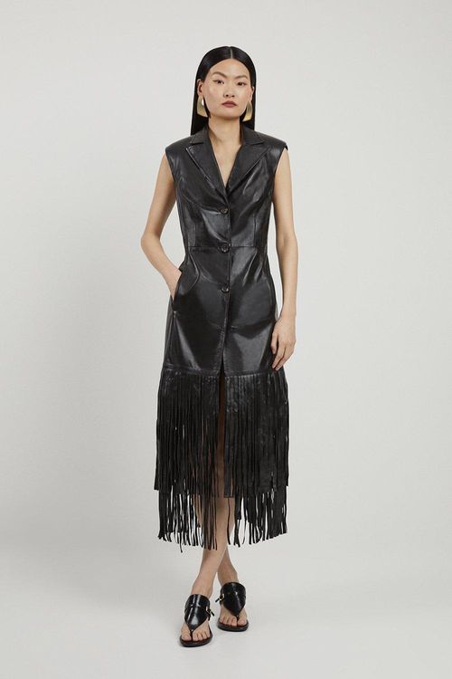 Leather Sleeveless Tassle Hem...