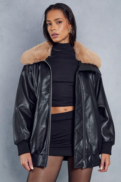 Fur Collar Oversized Leather...