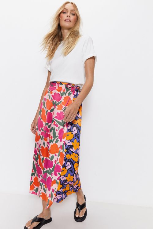 Splice Floral Satin Wrap Skirt