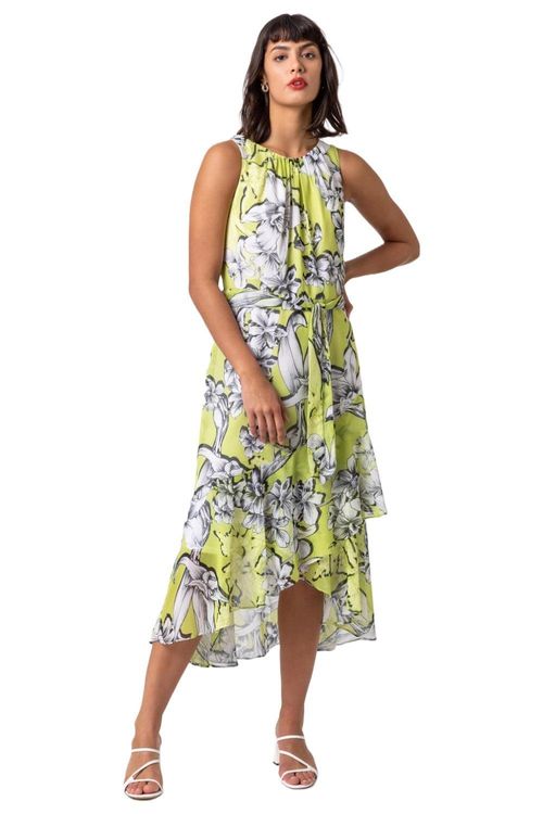 Floral Tie Waist Dipped Hem...