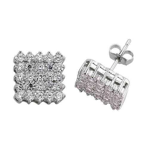 Silver  CZ Grid Cluster Stud...