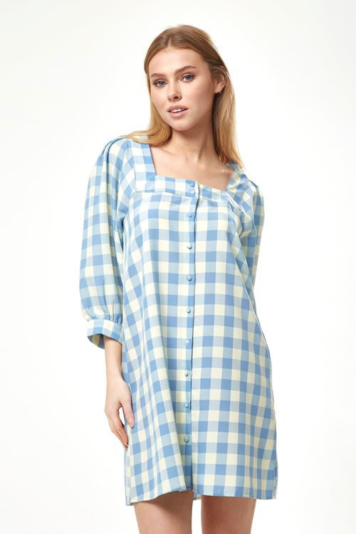 Blue Gingham Puff Sleeve Dress