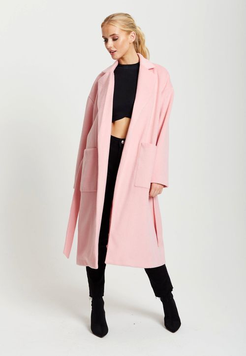 Belted Longline Coat in Pink