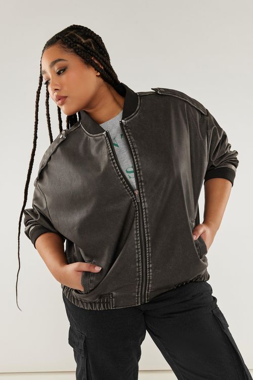 Washed Faux Leather Bomber...