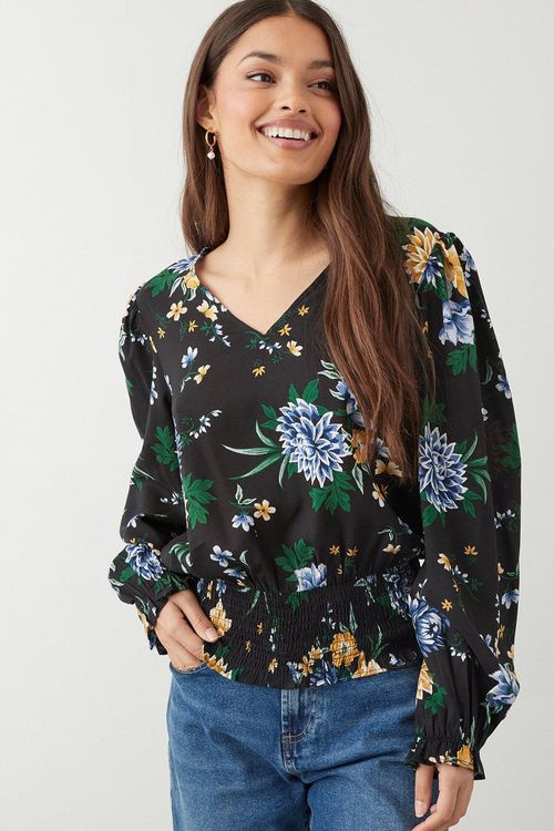 Womens Petite Floral Shirred...