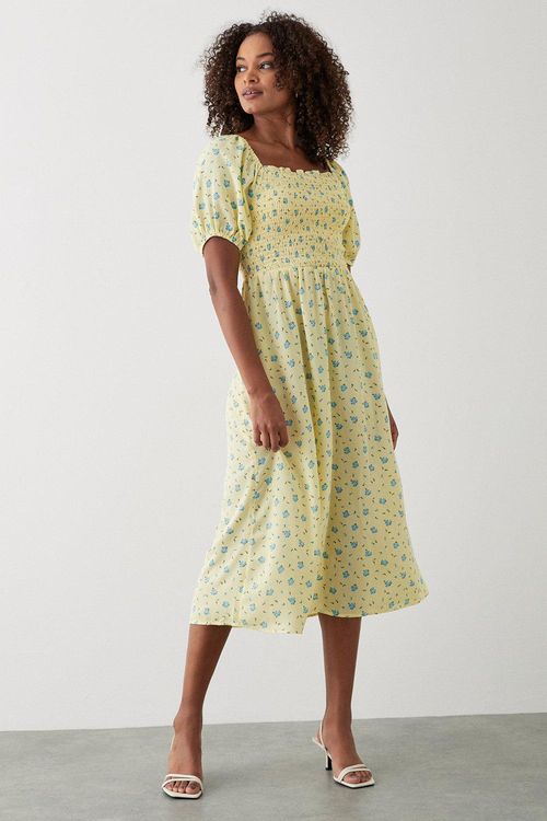 Vila flutter sleeve midi dress in green and pink floral