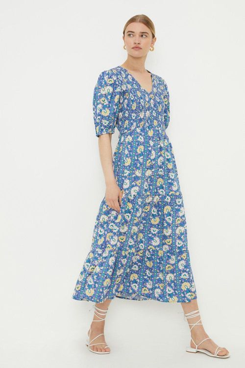 Womens Blue Printed Shirred...