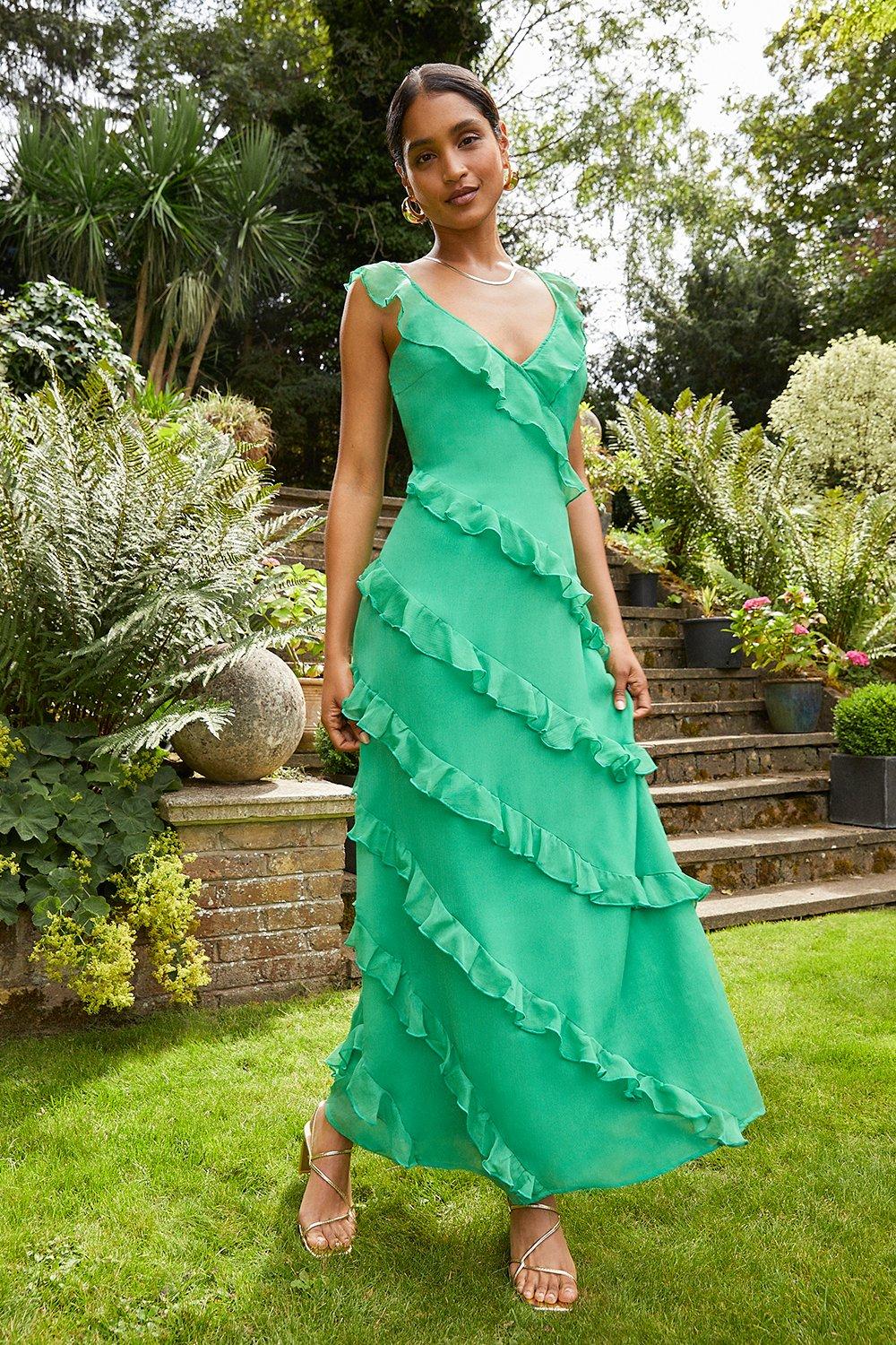Buy B.G Women's Organic Georgette A-Line Frill Maxi Dress Long Middi Dress  | Blue, S at Amazon.in