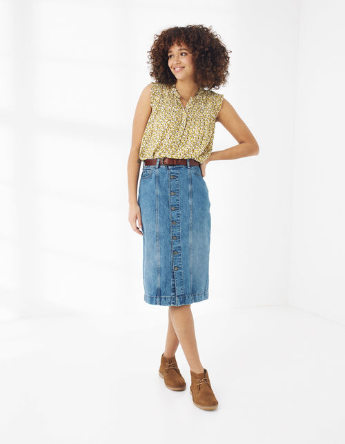 Button Front Denim Midi Skirt