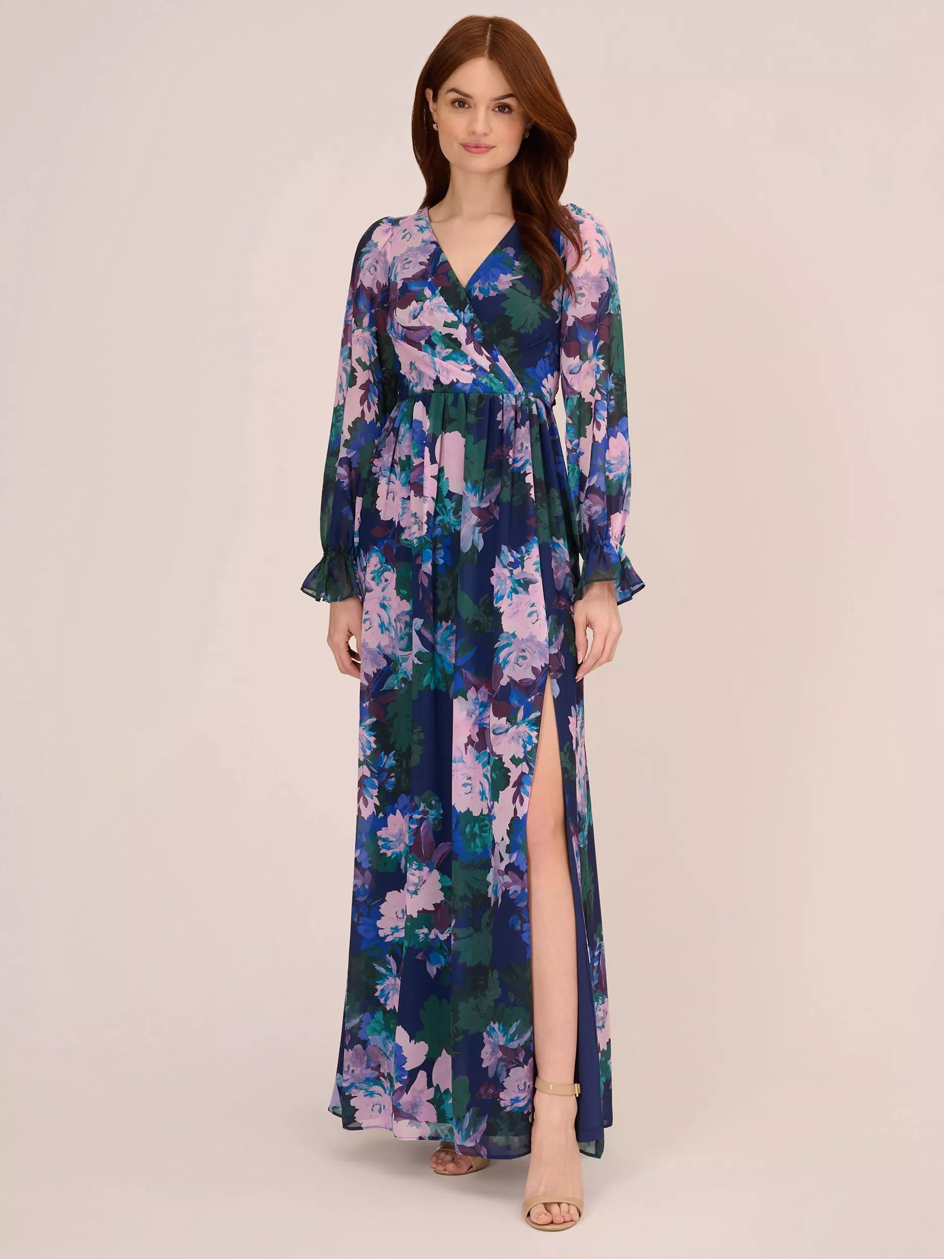 【海外限定】AdriannaPapell ドレス☆Abstract Print Frill Maxi Adrianna Papell Abstract Print Frill Maxi Dress, Navy/Blush