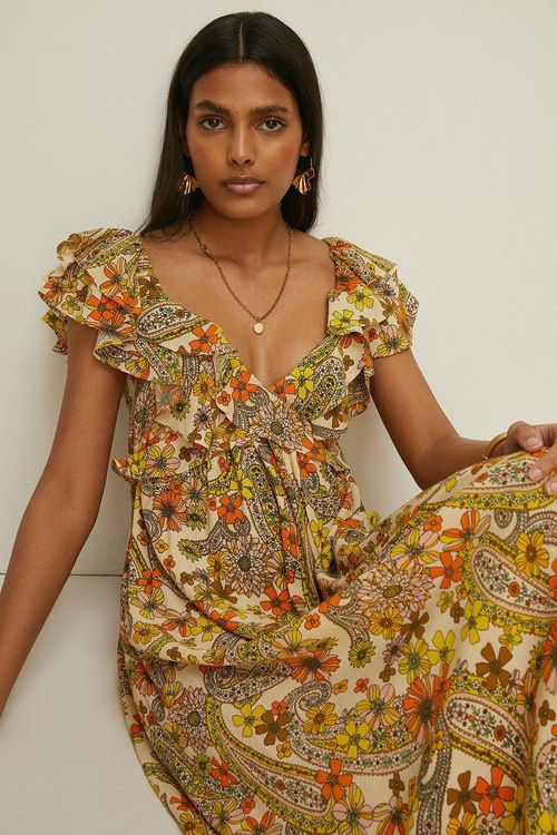 Retro Print Ruffle V Neck...