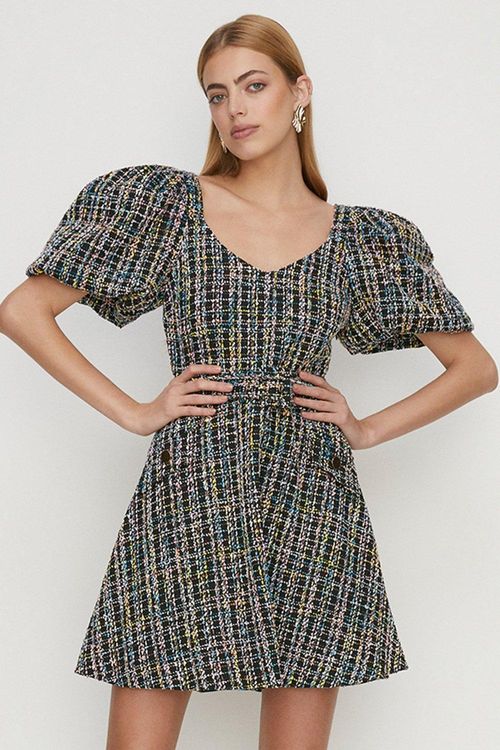 Tweed Puff Sleeve Belted Mini...