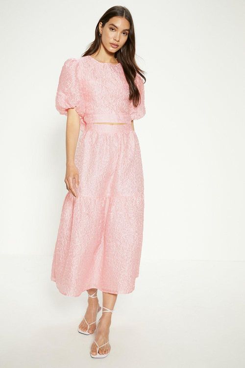 Jacquard Tiered Midi Skirtpink