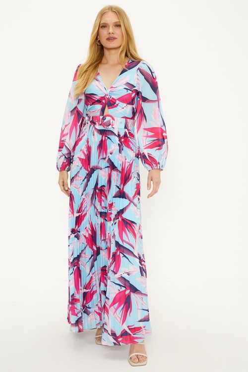 Palm Print Belted Pleated...