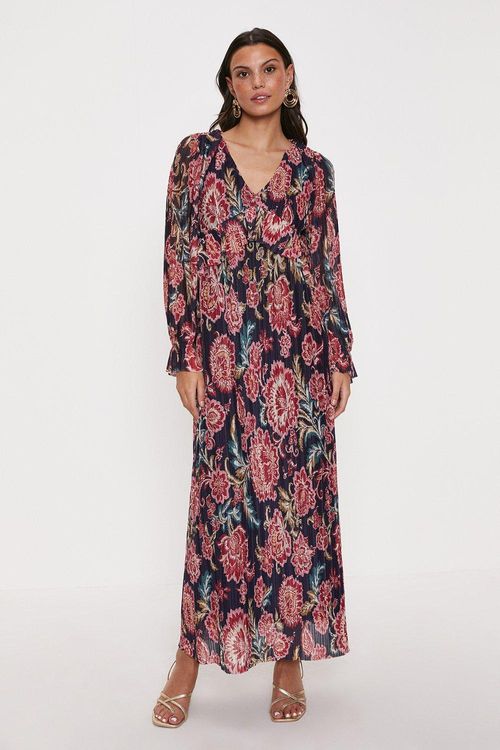 Floral Plisse V-neck Midi...