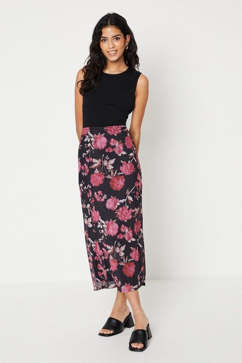 Petite Floral Mesh Midi Skirt