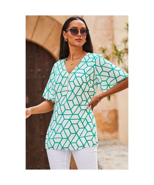 Buy Sosandar Black Geometric Print Zip Front Top from Next USA