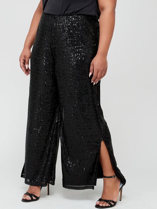 Curves Black Sequin Wide Leg Trousers