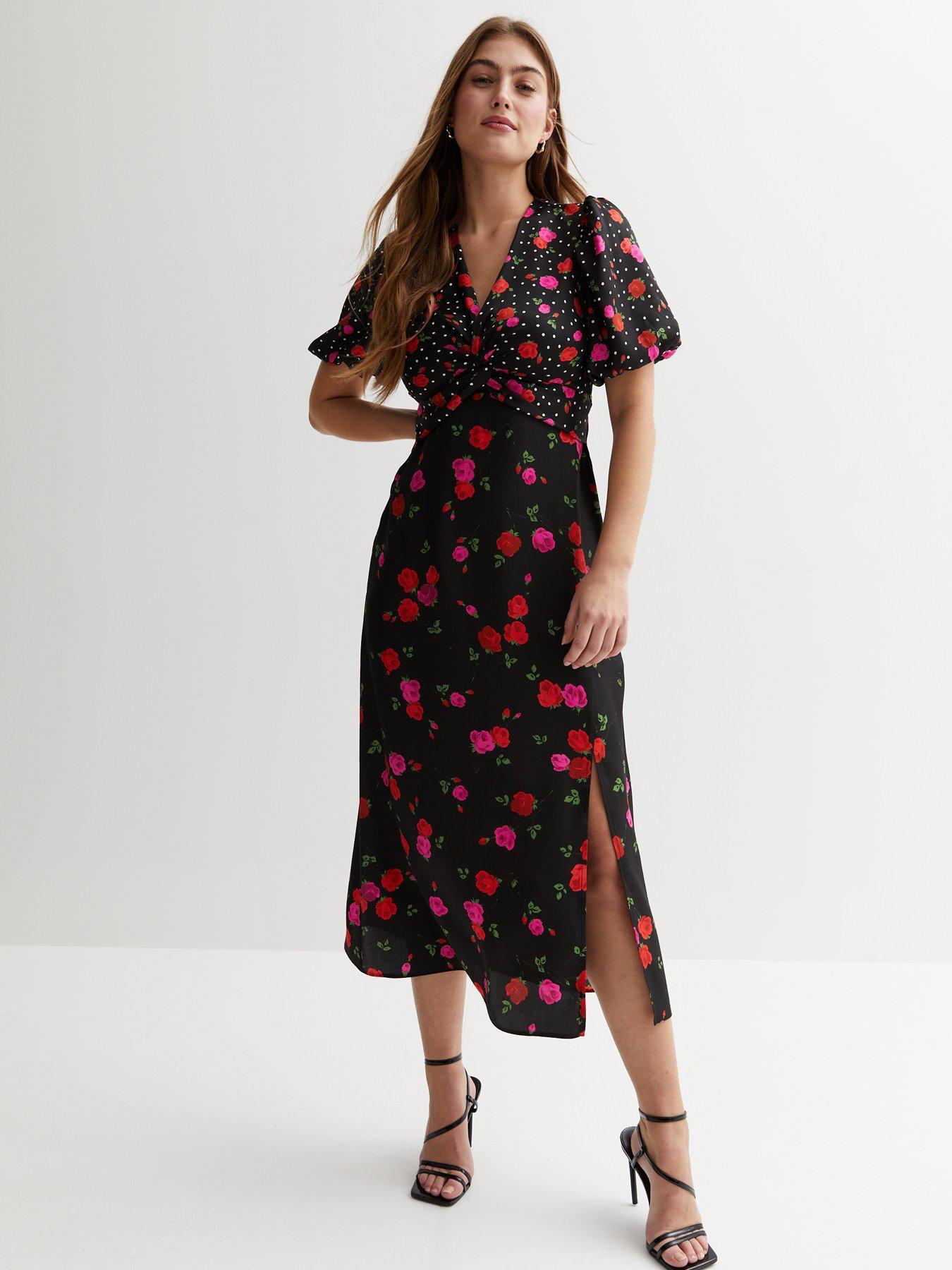 New Look Black Floral Satin V Neck Short Puff Sleeve Split Hem Midi Dress |  Compare | Grazia