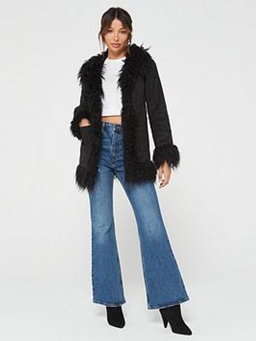 V By Very Faux Fur Trim Coat...