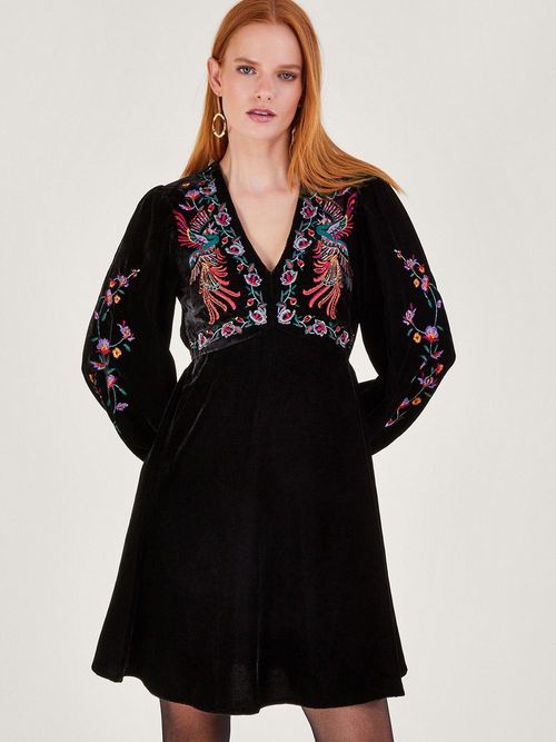 Monsoon Verina Velvet Embroidered Dress - Black, £110.00
