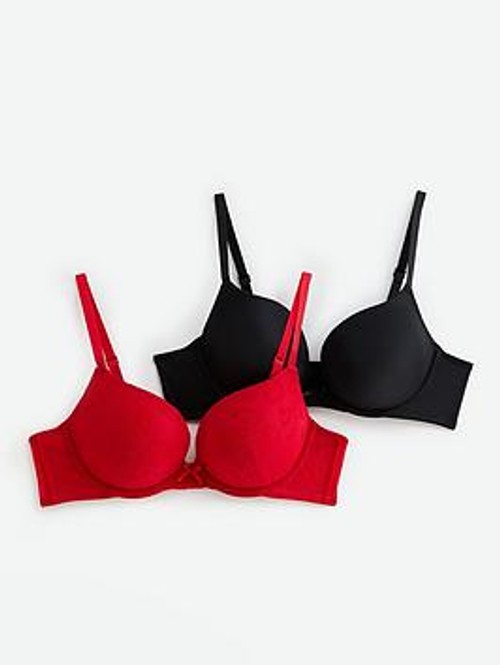 New Look 2 Pack Black And Red Flocked Heart Print Push Up Bras