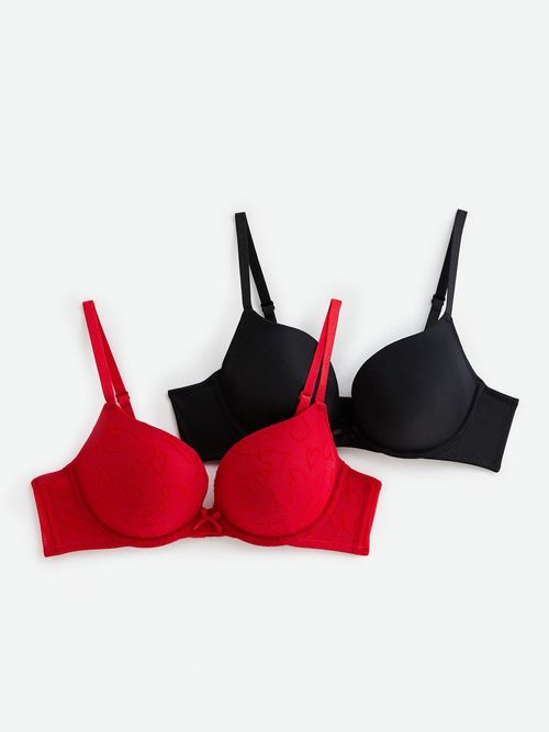 New Look 2 Pack Black And Red Flocked Heart Print Push Up Bras, £19.99