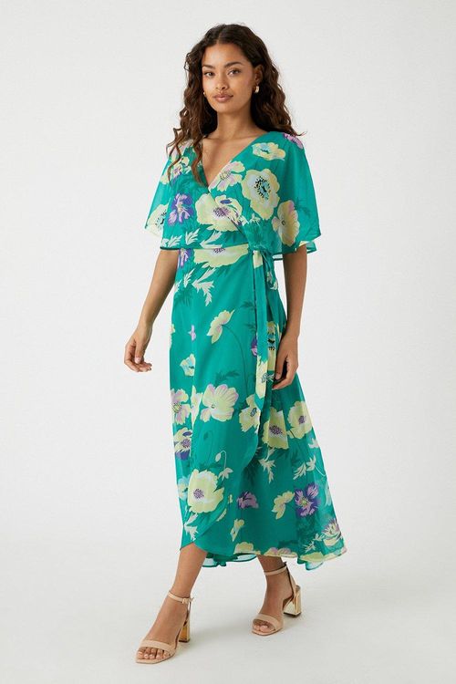 Petite Ditsy Floral Angel Sleeve Wrap Midi Dress