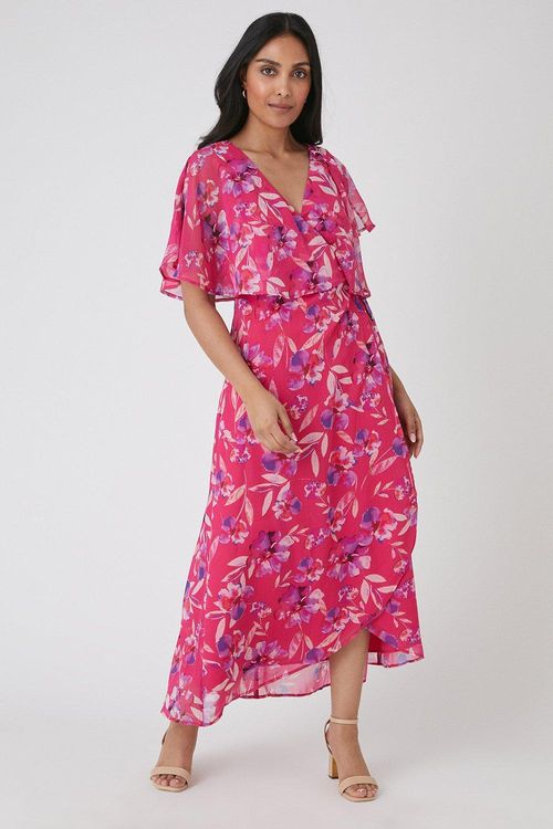 Women's Petite Ditsy Floral Angel Sleeve Wrap Midi Dress