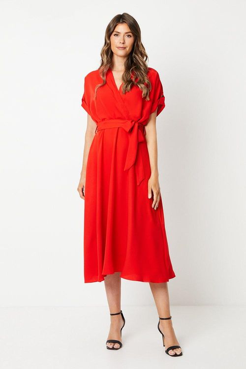 Womens Belted Wrap Midi Dress