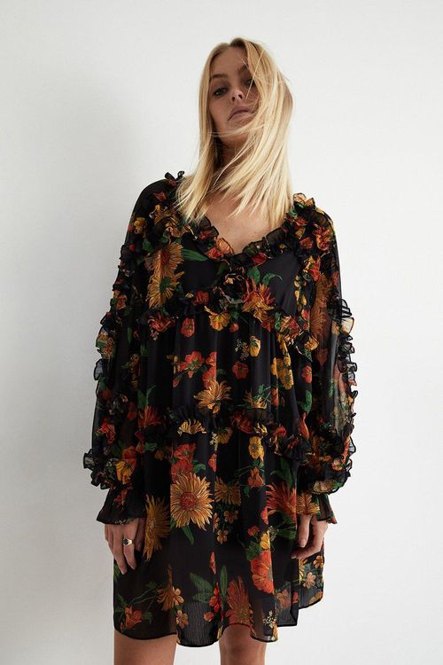 Womens Floral Chiffon Ruffle...