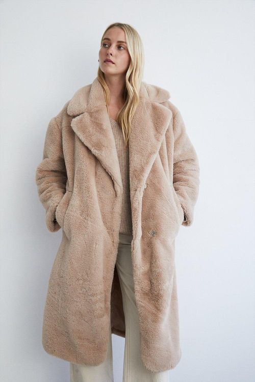 Womens Glossy Fur Coat - cream