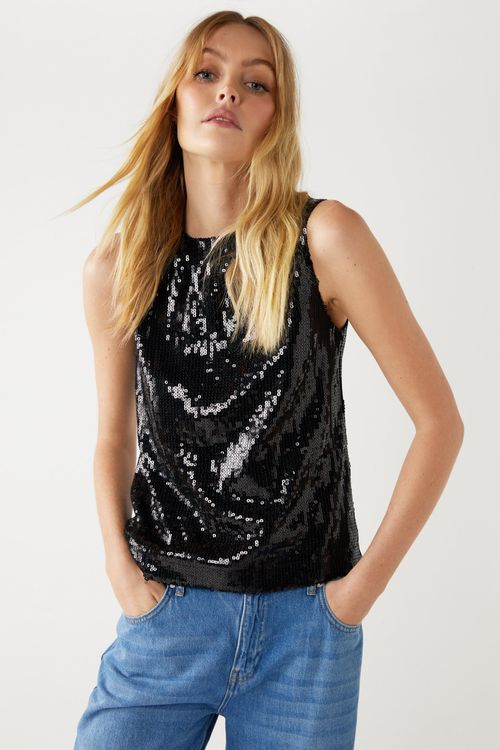 Womens Sleeveless Sequin Crew...