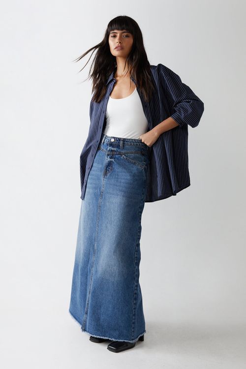 Womens Denim Frayed Hem Maxi...