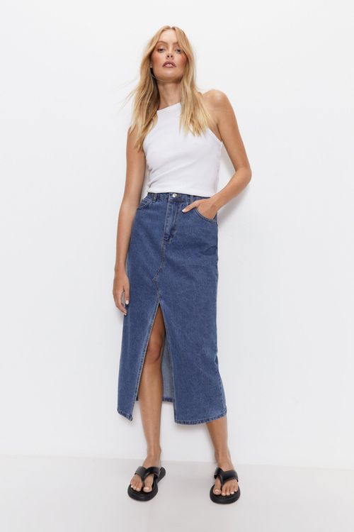 Womens Front Split Denim Midi...