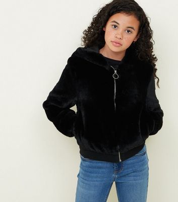 Girls Black Faux Fur Hooded Bomber 