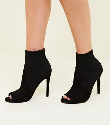 new look square toe sock heeled boot in black
