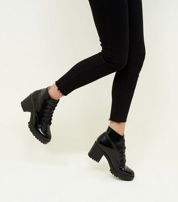 Black Patent Lace Up Chunky Ankle Boots 