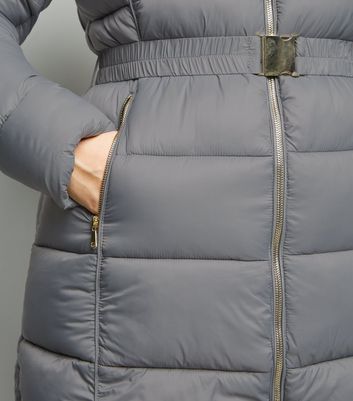 grey belted puffer coat
