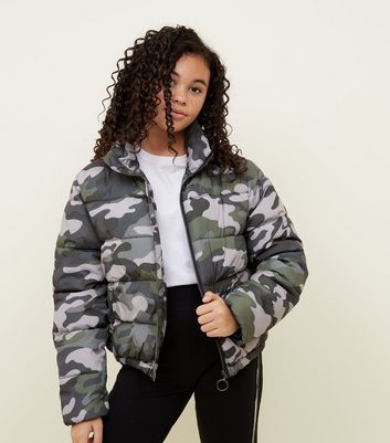 Girls Green Camo Print Denim Jacket New 