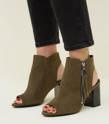 Wide Fit Khaki Ring Pull Zip Peep Toe 