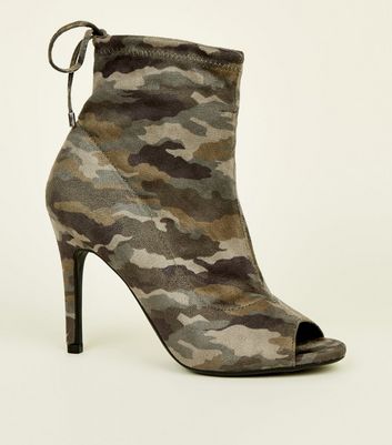 camo peep toe booties
