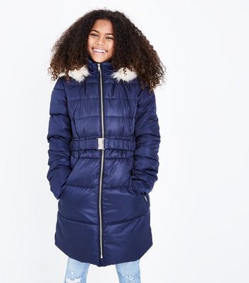 navy belted puffer coat