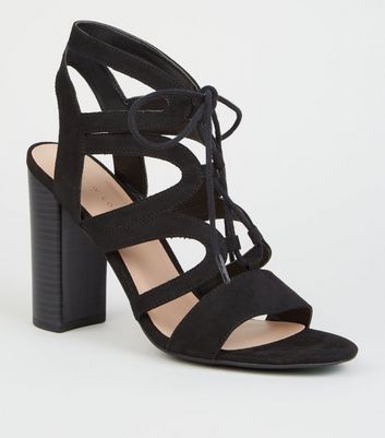 black suedette lace up ghillie block heel sandals