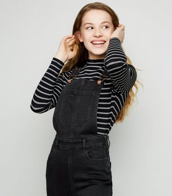 Girls Black Ripped Denim Dungarees New 
